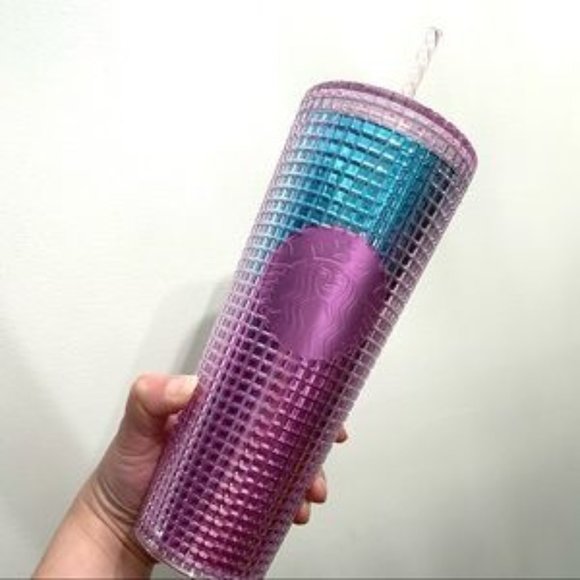 Starbucks 2021 grid pattern pink blue bling cup